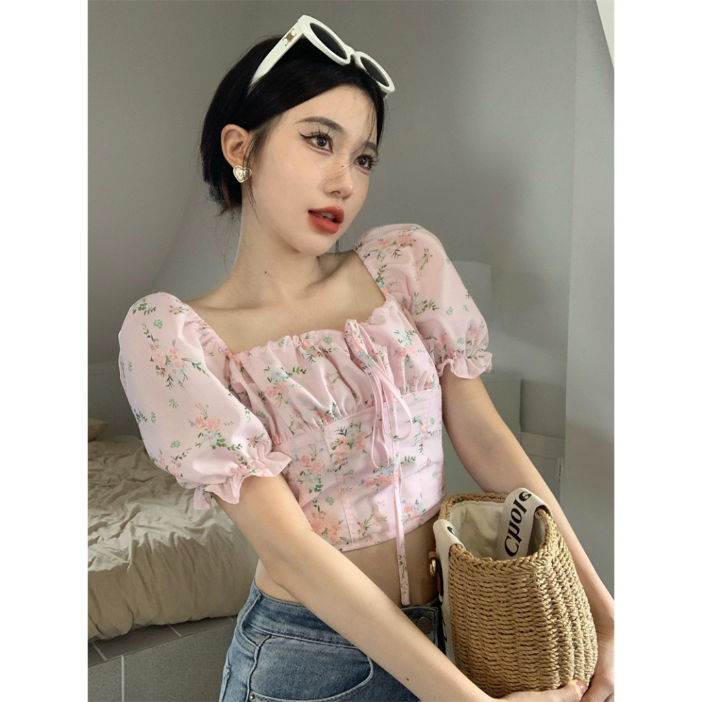 Áo Croptop Ngắn Tay Cổ Vuông In Hoa Phối Dây Rút Thời Trang Cho Nữ Tay Phồng Kiểu Dáng Thời Trang Mùa Hè Phong Cách Hàn Quốc