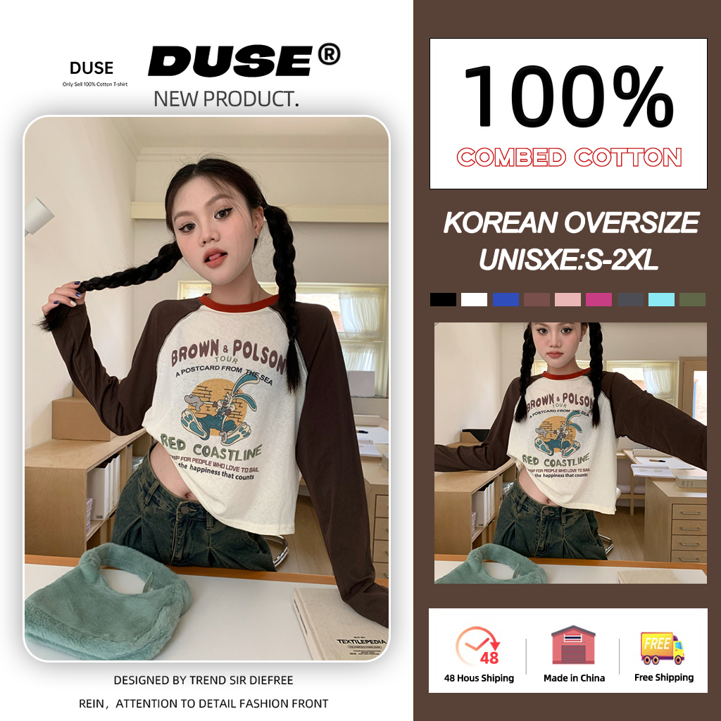 「DUSE」Áo Thun Lửng Tay Dài Hở Vai In Họa Tiết Hoạt Hình Phối Màu Tương Phản Thời Trang Cho Nữ