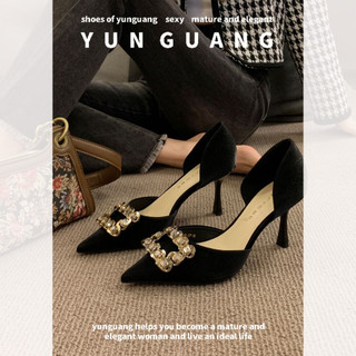 Yunguang Giày Cao Gót Phối Khóa Vuông Kim Loại Phong Cách Hàn Quốc Thời Trang Cho Nữ