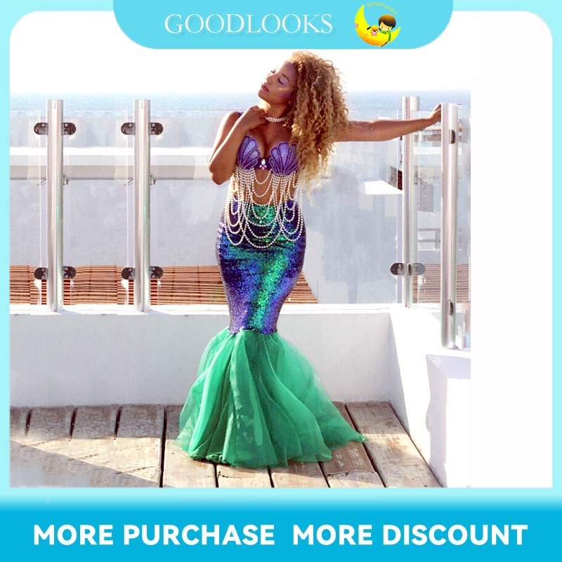 HGL♪Sexy Mermaid Ladies Halloween Costume Fancy Party Sequins Maxi Dress Tail Skirt