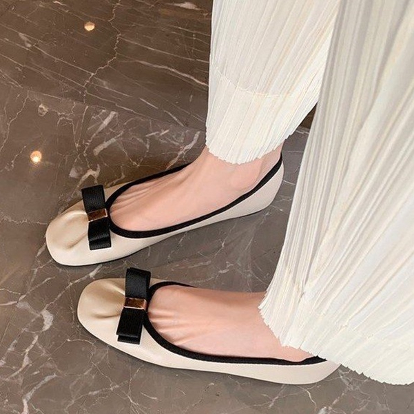 Prowow❤Giày Búp Bê Da Thật Đế Mềm Mũi Vuông Đính Nơ Thời Trang Cho Nữ