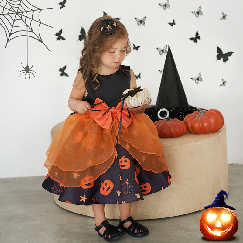 Đầm Công Chúa Họa Tiết Trái Bí Ngô Halloween Cho Bé Gái AWS028