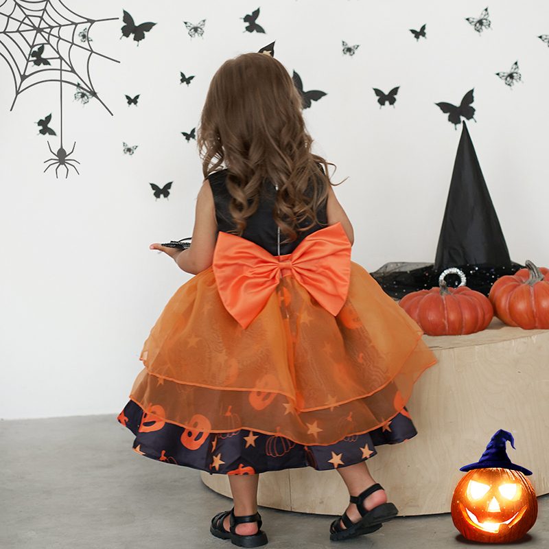 Đầm Công Chúa Họa Tiết Trái Bí Ngô Halloween Cho Bé Gái AWS028
