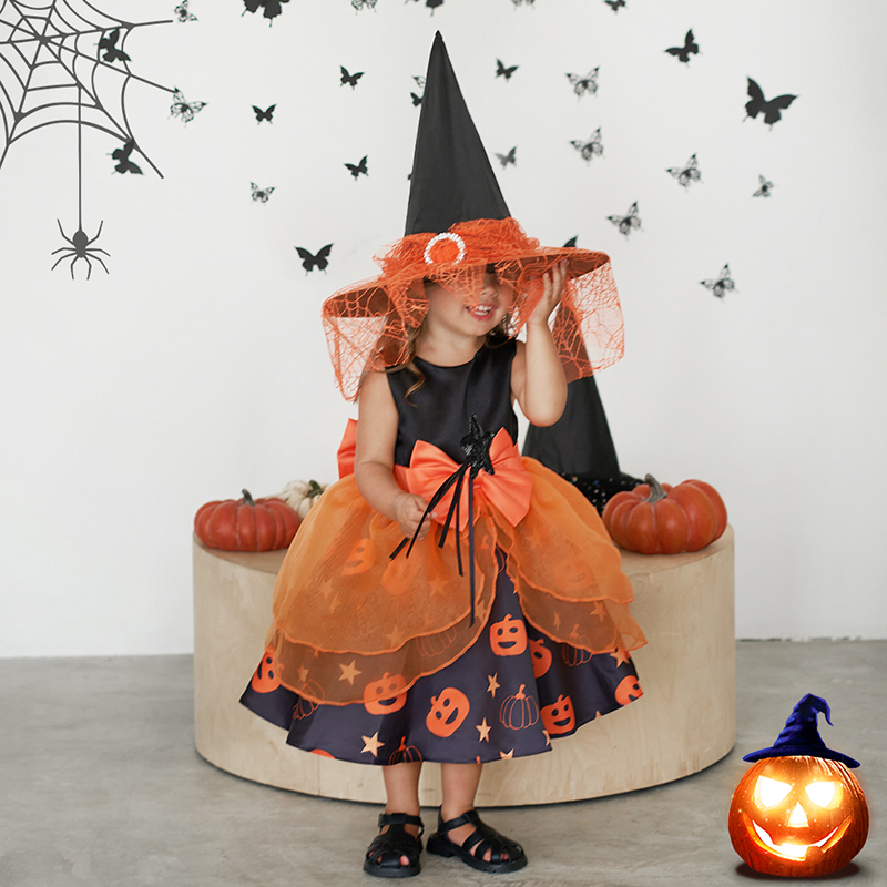 Đầm Công Chúa Họa Tiết Trái Bí Ngô Halloween Cho Bé Gái AWS028