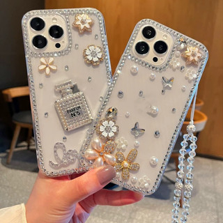 Bình Nước Hoa Kim Cương Ngọc Trai Hoa Ốp Lưng Điện Thoại iPhone 15 14 13 12 11 Pro Max 14 Plus X XS Max XR 7 8 Plus SE Mini Handmade Kim Cương Giả Trong Suốt Bao Cao Cấp Bảo Vệ Camera