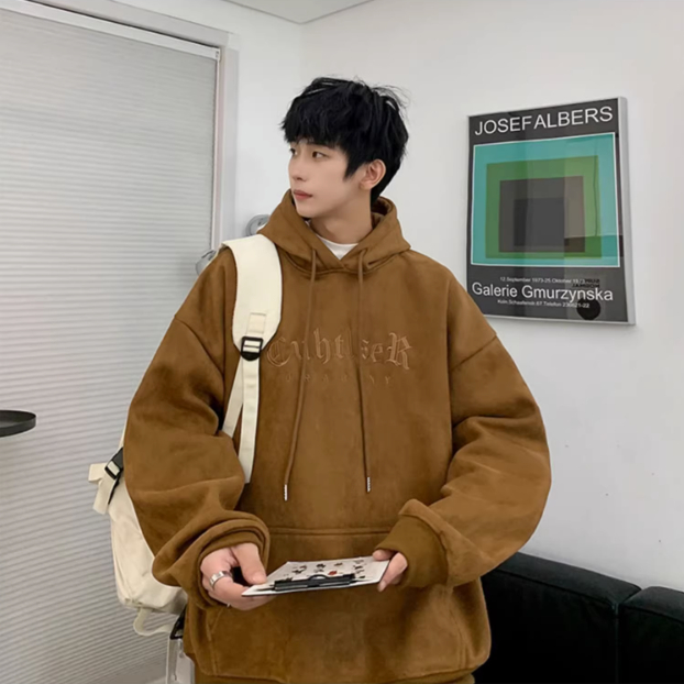 Áo Hoodie Màu Trơn Dáng Rộng Thêu Họa Tiết Phong Cách Hàn Quốc Thời Trang Cho Nam