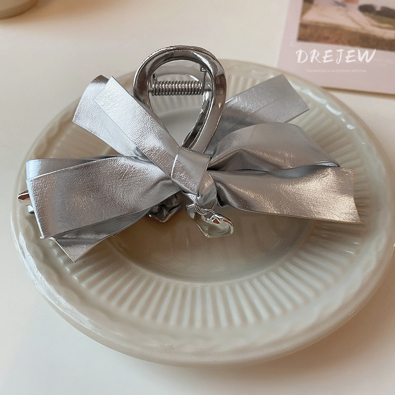 Kẹp Tóc Hình Nơ Bằng Da Màu Bạc y2k Thời Trang Cho Nữ