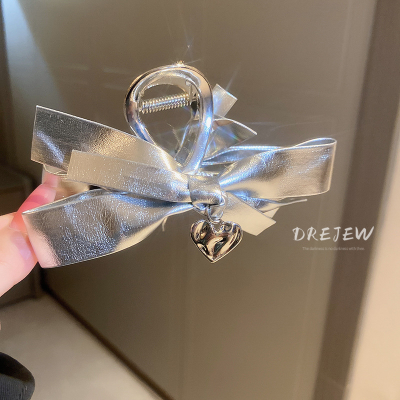 Kẹp Tóc Hình Nơ Bằng Da Màu Bạc y2k Thời Trang Cho Nữ