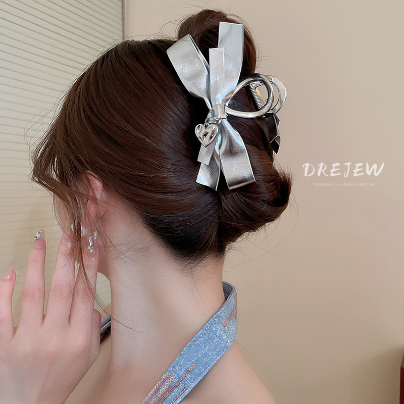 Kẹp Tóc Hình Nơ Bằng Da Màu Bạc y2k Thời Trang Cho Nữ