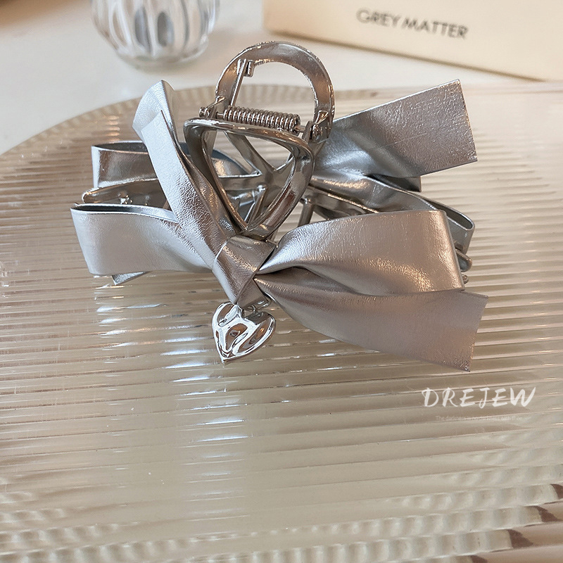 Kẹp Tóc Hình Nơ Bằng Da Màu Bạc y2k Thời Trang Cho Nữ