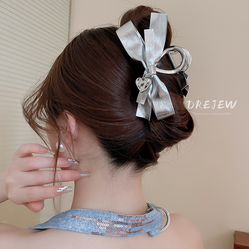 Kẹp Tóc Hình Nơ Bằng Da Màu Bạc y2k Thời Trang Cho Nữ