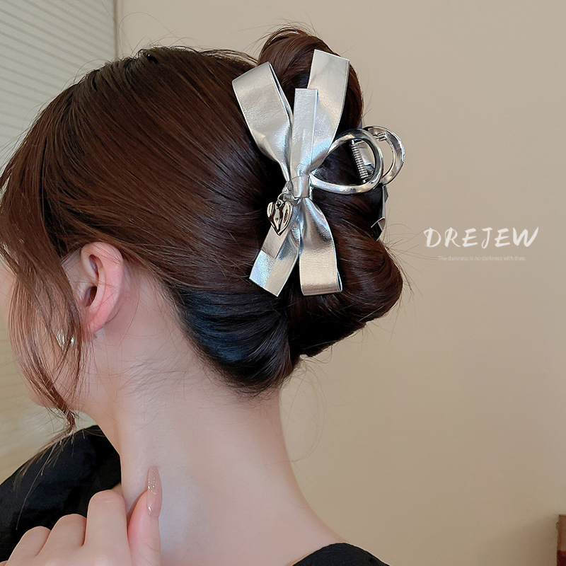 Kẹp Tóc Hình Nơ Bằng Da Màu Bạc y2k Thời Trang Cho Nữ