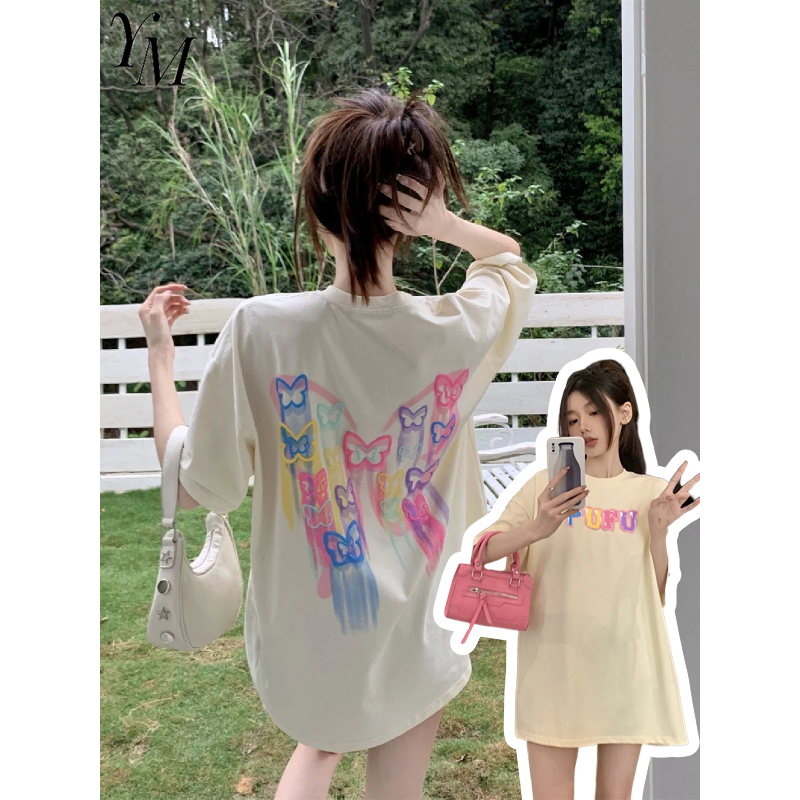 Áo Thun Nữ Ngắn Tay Cổ Tròn Dáng Rộng In Hình Bướm Thời Trang