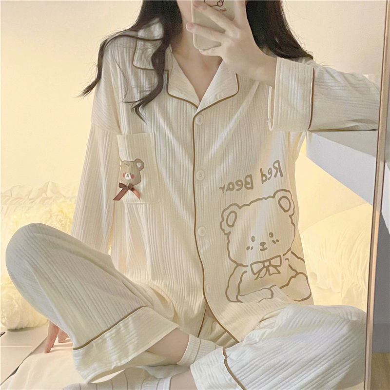 Bộ đồ ngủ FDS dài tay họa tiết gấu dễ thương phong cách Hàn Quốc thời trang cho nữ