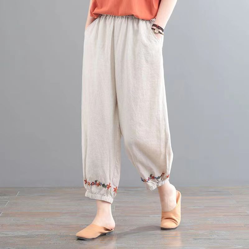 Quần harem cotton Viền Viền Màu Trơn Nghệ Thuật Mùa Hè Kiểu Mới 2023 Kích Thước Lớn Phong Cách retro Cho Nữ
