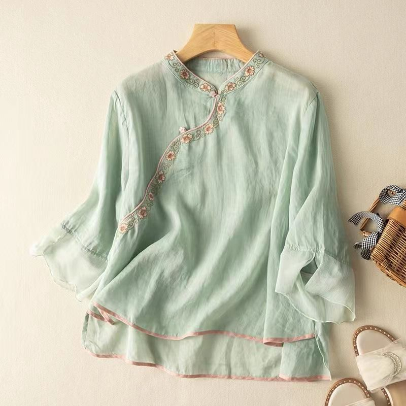Thêu lỏng cotton linen blouse thin national wind art retro cotton linen tea dress áo sơ mi 2023 mùa hè mới nhỏ tươi
