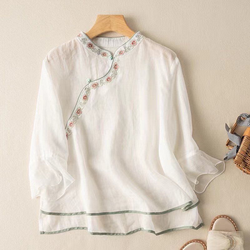 Thêu lỏng cotton linen blouse thin national wind art retro cotton linen tea dress áo sơ mi 2023 mùa hè mới nhỏ tươi