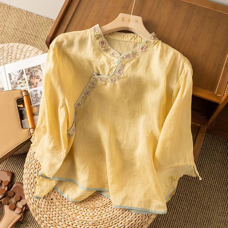 Thêu lỏng cotton linen blouse thin national wind art retro cotton linen tea dress áo sơ mi 2023 mùa hè mới nhỏ tươi