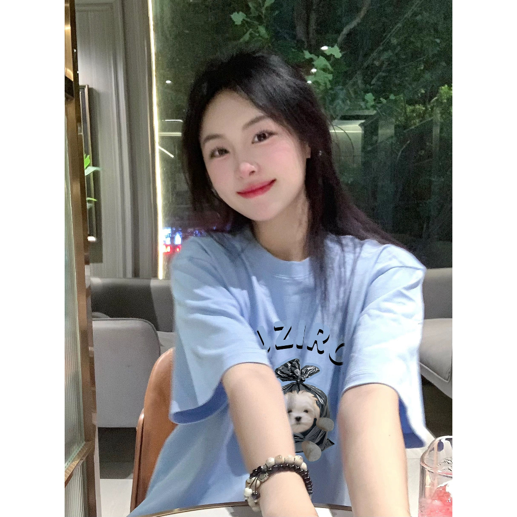 Áo Thun Tay Ngắn Chất Liệu 100% Cotton Cao Cấp Họa Tiết Chú Chó Đáng Yêu Thời Trang Dành Cho Nữ 100%