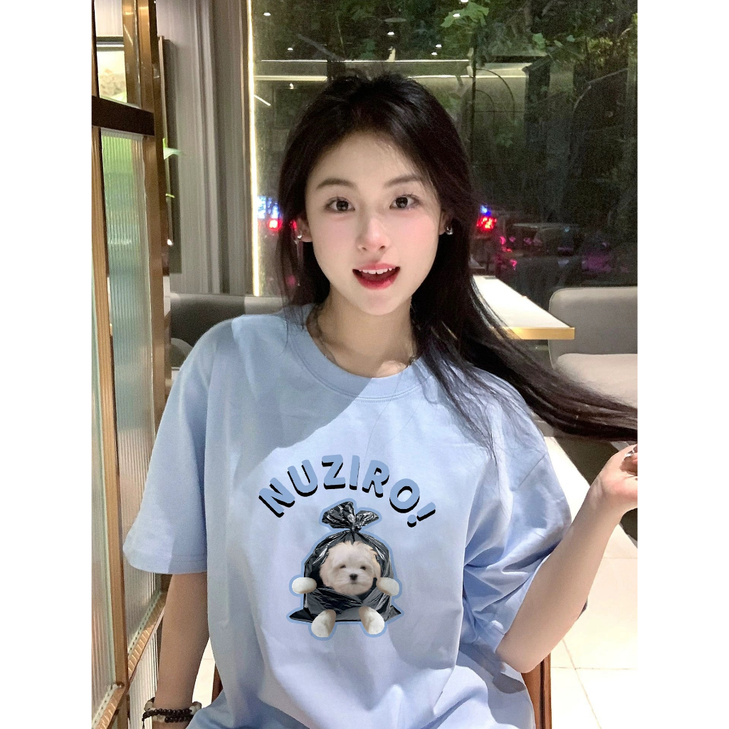 Áo Thun Tay Ngắn Chất Liệu 100% Cotton Cao Cấp Họa Tiết Chú Chó Đáng Yêu Thời Trang Dành Cho Nữ 100%