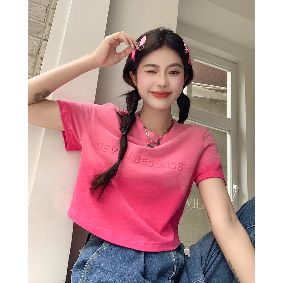 Áo Thun Tay Ngắn Dáng Ôm In Chữ Màu gradient Thời Trang Mùa Hè Phong Cách Hàn Quốc