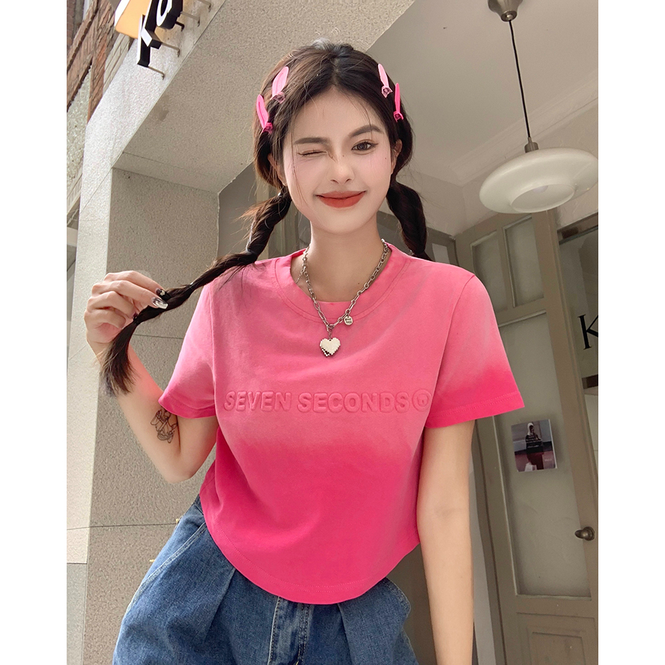 Áo Thun Tay Ngắn Dáng Ôm In Chữ Màu gradient Thời Trang Mùa Hè Phong Cách Hàn Quốc