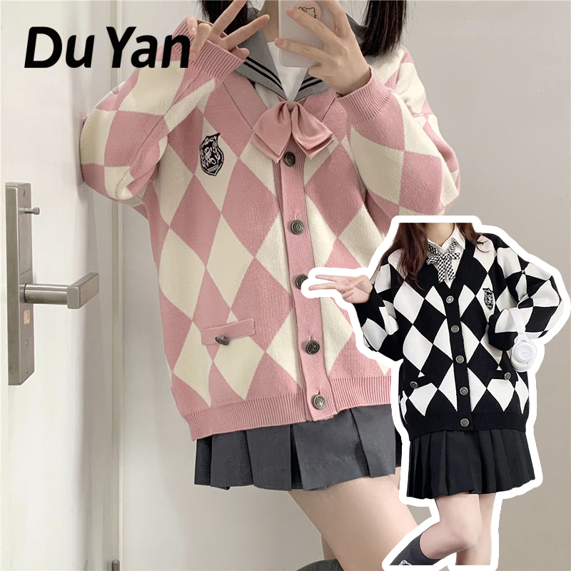 Áo Khoác cardigan Dệt Kim Dáng Rộng Họa Tiết Kim Cương Ngọt Ngào Phong Cách Mới Cho Nữ