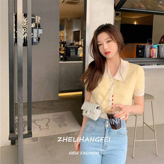 ZHELIHANGFEI Áo dệt kim tay ngắn kiểu Hàn Quốc thiết kế ngọt ngào cho nữ