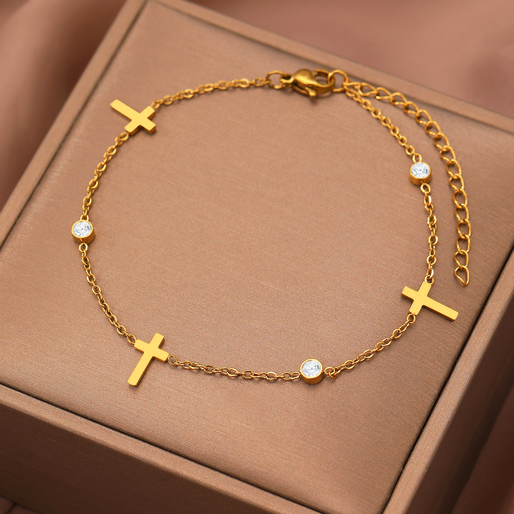 Vòng tay bằng thép không gỉ pha lê tinh tế zircon gothic cross mini pendent chain vòng tay thời trang cho phụ nữ món quà bên trang sức