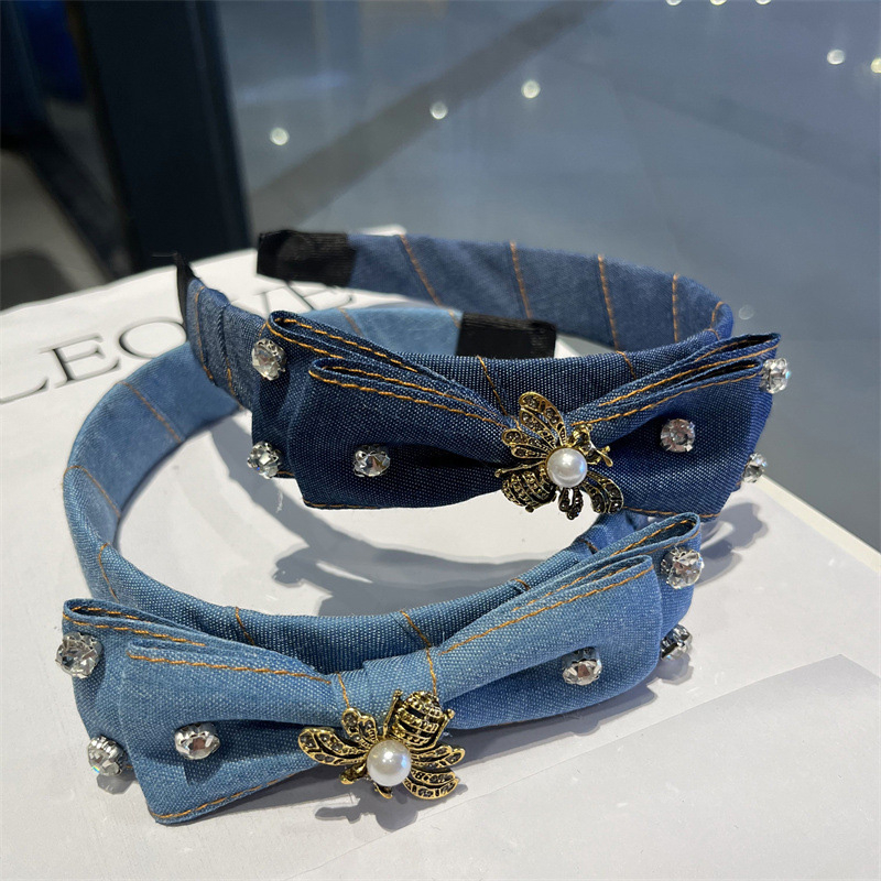 Băng Đô Denim Thắt Nơ Đính Đá Thời Trang Cao Cấp Phong Cách Hàn Quốc