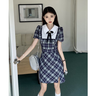 Đầm Ngắn Tay Dáng Dài Họa Tiết Kẻ Ô Thắt Nơ Phong Cách Preppy 65774