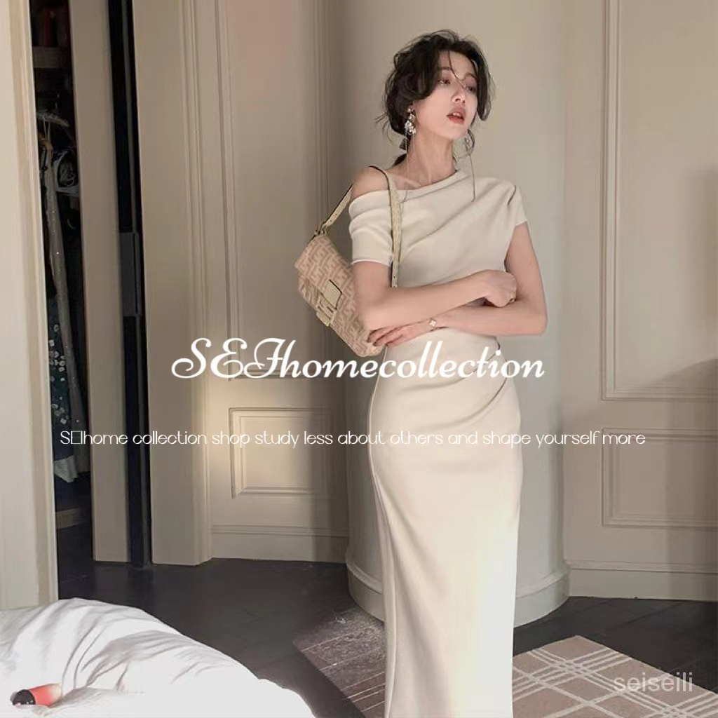 tea break French niche skirt texture advanced sense Lady temperament wear waist hip pleated shoulder dress