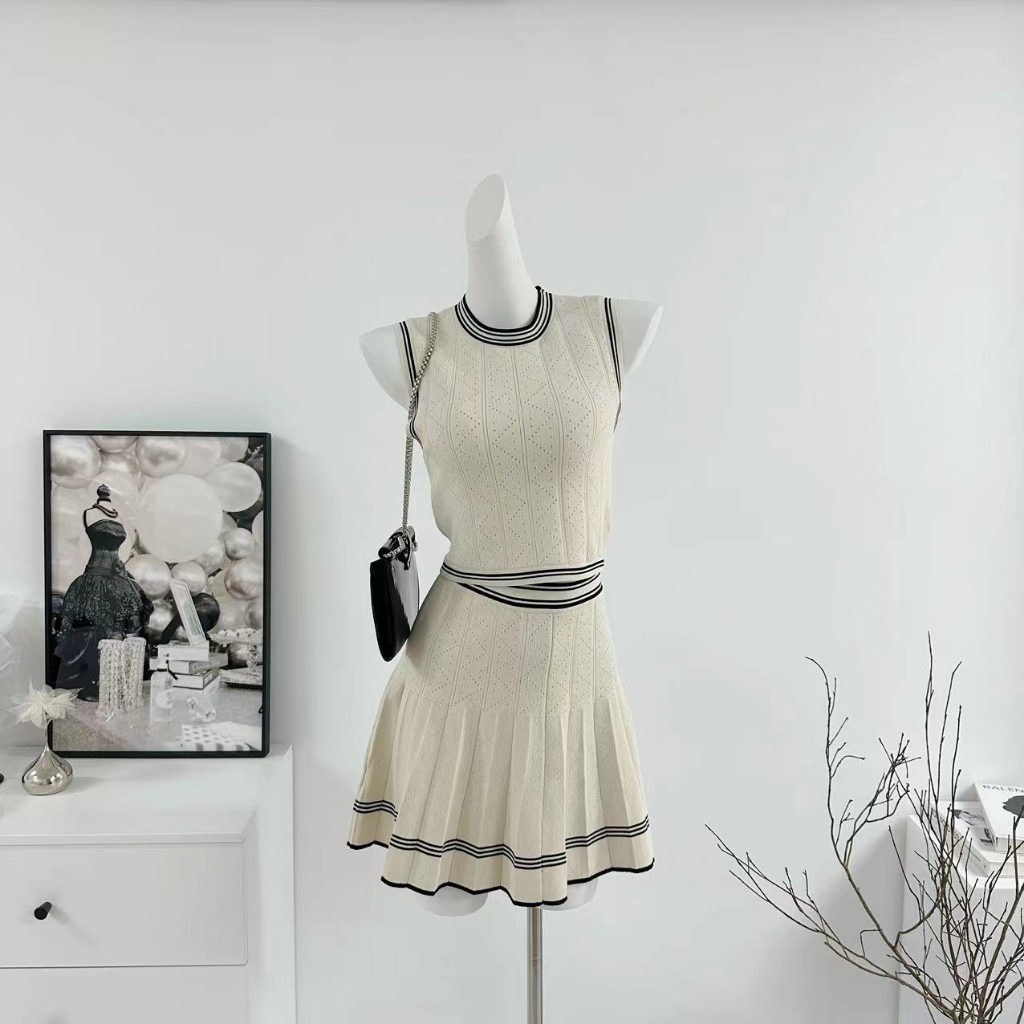 Set Áo Khoác Cardigan Dài Tay + Chân Váy Xếp Ly Lưng Cao Thời Trang Dành Cho Nữ