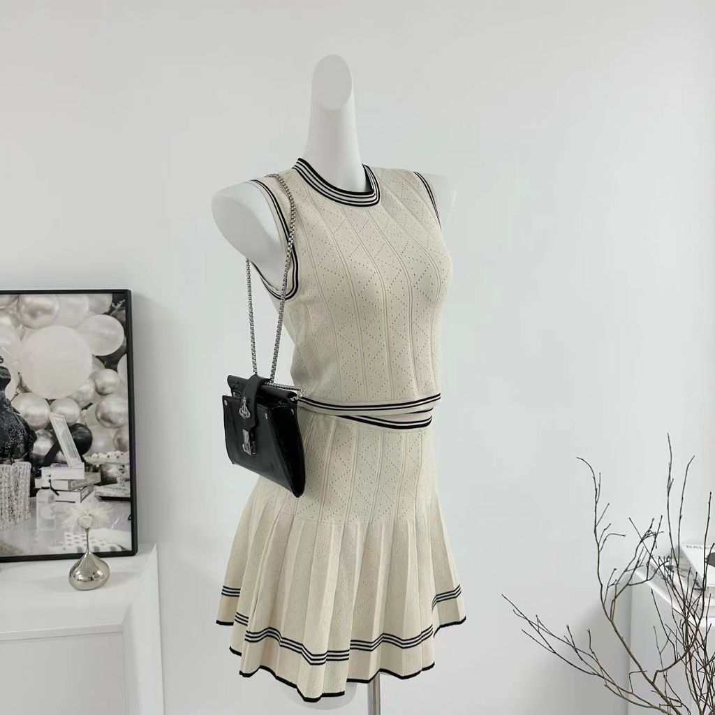 Set Áo Khoác Cardigan Dài Tay + Chân Váy Xếp Ly Lưng Cao Thời Trang Dành Cho Nữ