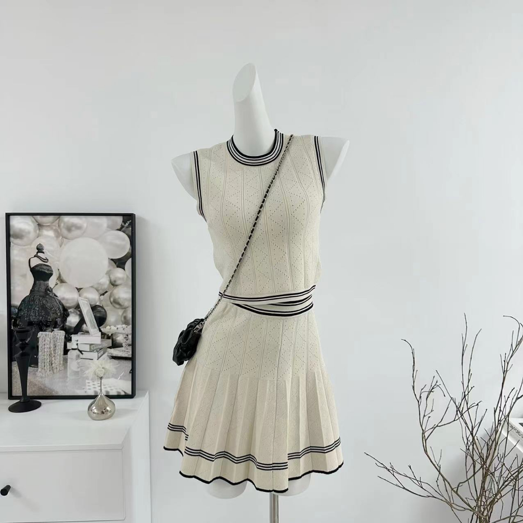 Set Áo Khoác Cardigan Dài Tay + Chân Váy Xếp Ly Lưng Cao Thời Trang Dành Cho Nữ