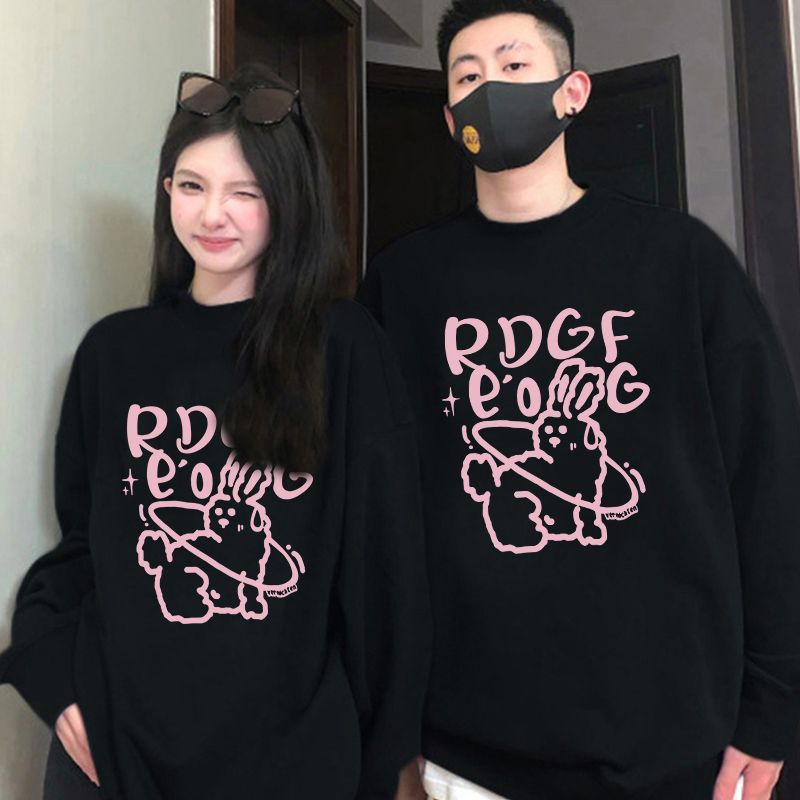 Áo khoác nỉ IHKKE 100% cotton in họa tiết chữ và thỏ thời trang Hàn Quốc cho cặp đôi