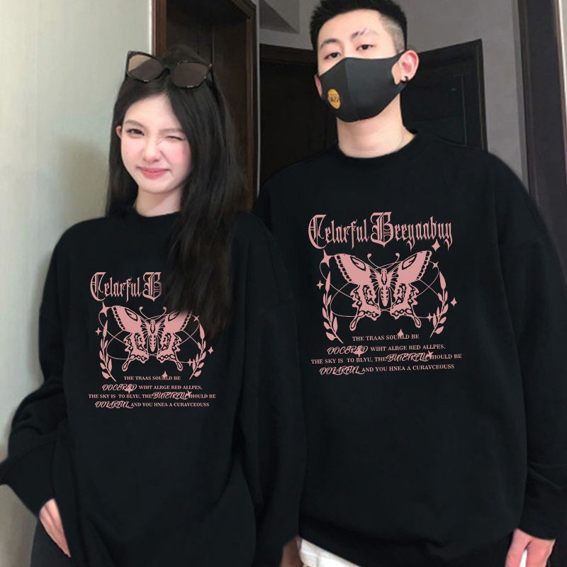 Áo sweater IHKKE 100% cotton cổ tròn in họa tiết bướm phong cách Hàn Quốc cổ điển thời trang cho cặp đôi