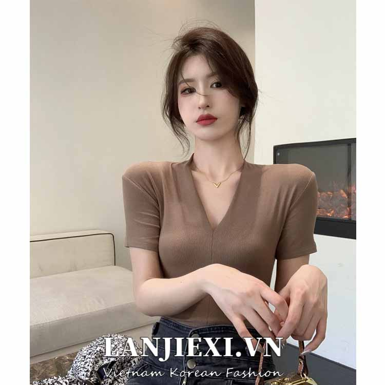 Áo thun LANJIEXI tay ngắn cổ chữ V mỏng manh màu cà phê phong cách Hồng Kông thời trang khí chất cho nữ