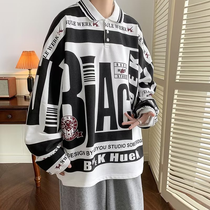 Áo Thun Polo Dáng Rộng In Chữ Màu Trắng Đen Phong Cách Retro Mỹ Thời Trang Mùa Hè Cho Nam Và Nữ