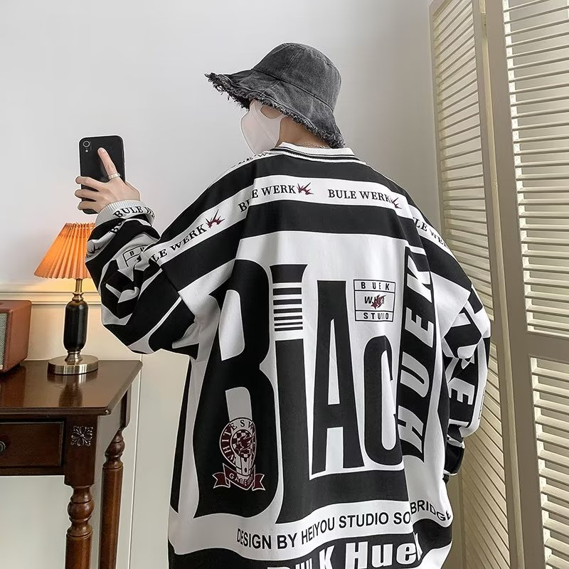 Áo Thun Polo Dáng Rộng In Chữ Màu Trắng Đen Phong Cách Retro Mỹ Thời Trang Mùa Hè Cho Nam Và Nữ