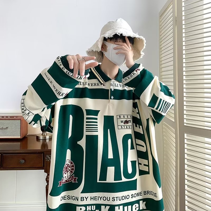 Áo Thun Polo Dáng Rộng In Chữ Màu Trắng Đen Phong Cách Retro Mỹ Thời Trang Mùa Hè Cho Nam Và Nữ