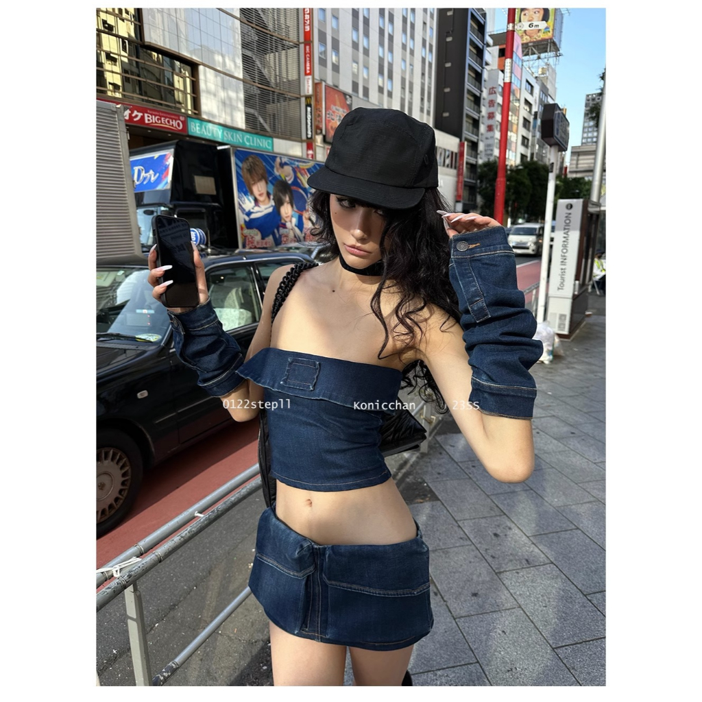 Áo Ống Tay Lửng Và Chân Váy Denim Phong Cách Retro Thời Trang Mùa Hè Quyến Rũ Dành Cho Nữ