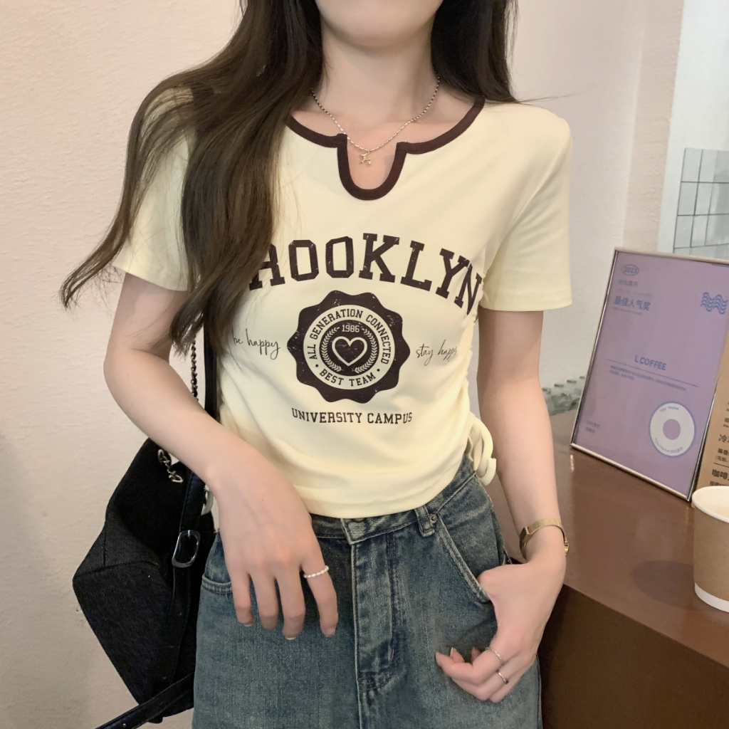 NUZIRO American retro in áo t-shirt ngắn tay của phụ nữ dây rút lỏng ren lên trên ngắn