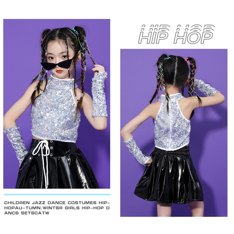 Trẻ em cô gái sequin trang phục phù hợp với vest không tay trên cùng với cuff váy da đen long lanh trang phục trẻ em hiphop jazz quần áo khiêu vũ đường phố hiện đại