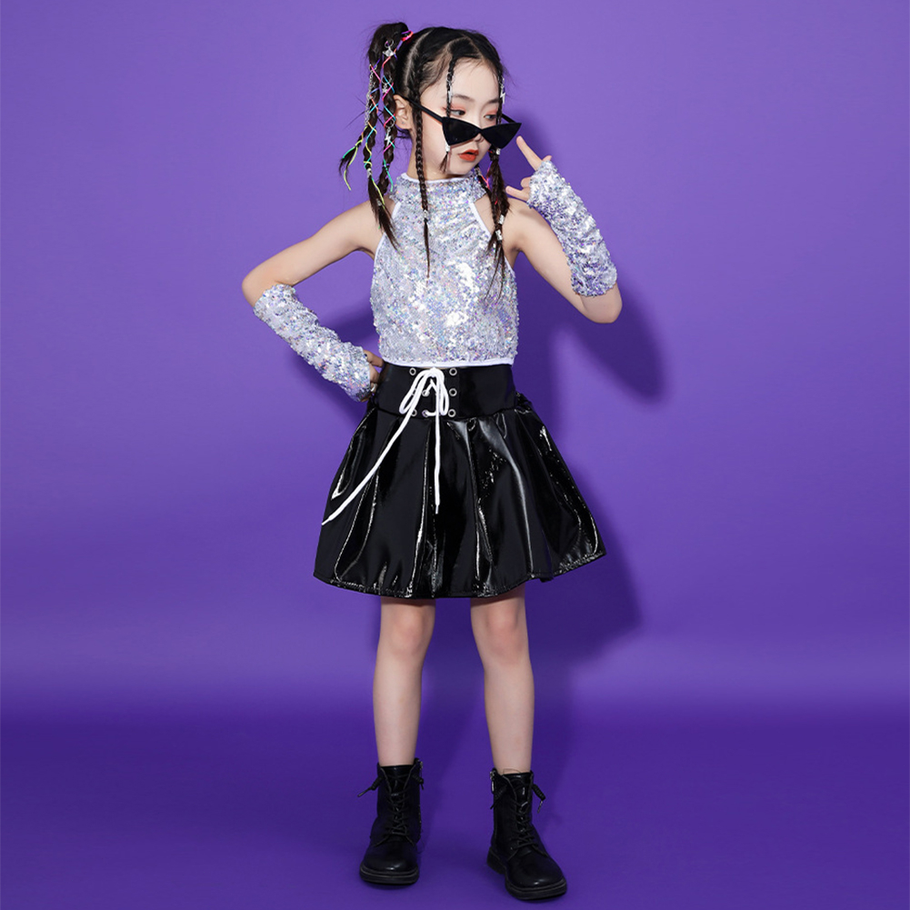Trẻ em cô gái sequin trang phục phù hợp với vest không tay trên cùng với cuff váy da đen long lanh trang phục trẻ em hiphop jazz quần áo khiêu vũ đường phố hiện đại