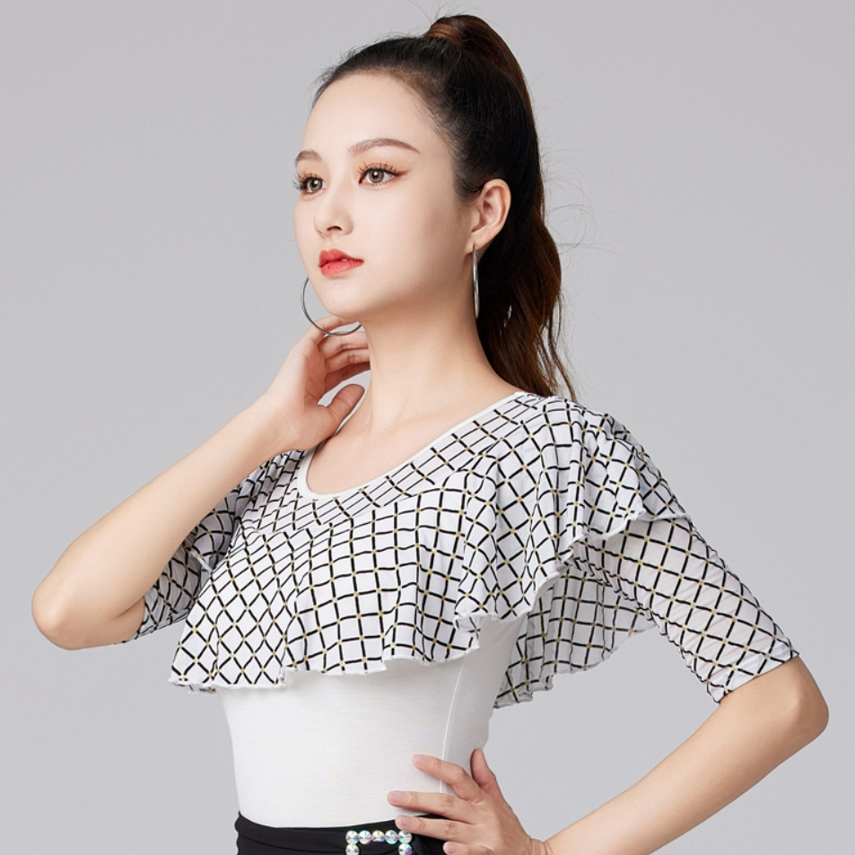 Áo Khiêu Vũ Latin Cổ Tròn Tay Lửng Phối Bèo Dễ Thương Cho Nữ