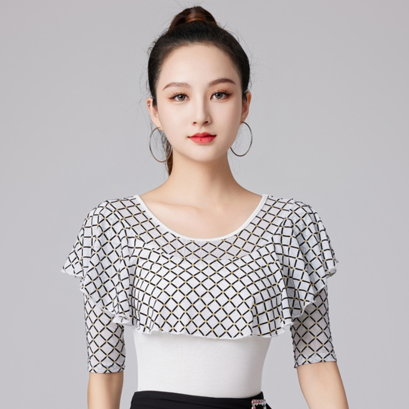 Áo Khiêu Vũ Latin Cổ Tròn Tay Lửng Phối Bèo Dễ Thương Cho Nữ