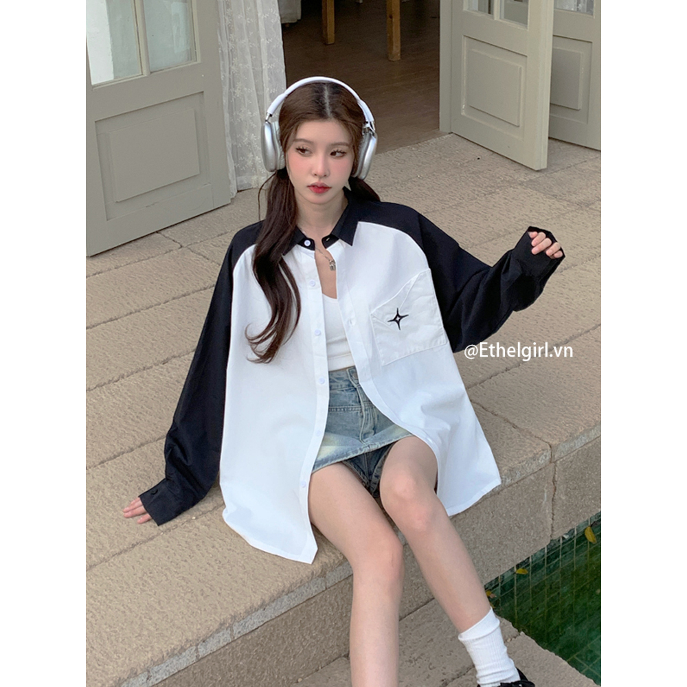 Ethelgirl Mỹ retro phong cách đại học màu đen và trắng chắp vá áo sơ mi dài tay phụ nữ vải thiết kế bình thường chống nắng hàng đầu