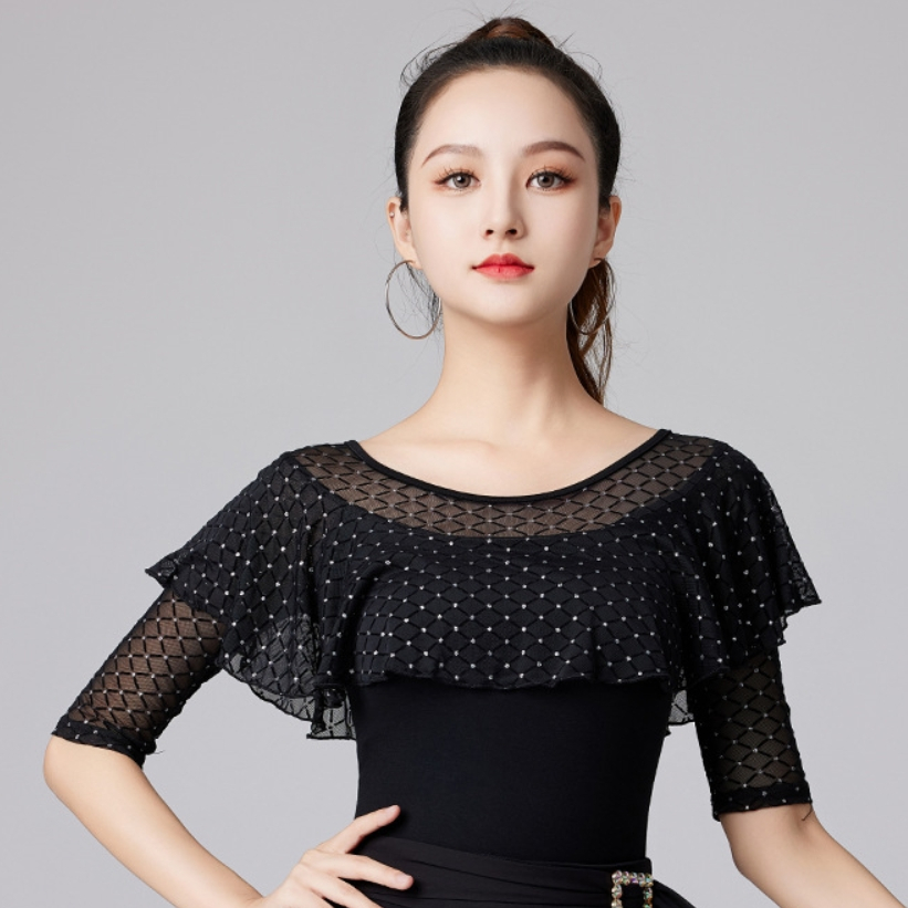 Áo Khiêu Vũ Latin Cổ Tròn Tay Lửng Phối Bèo Dễ Thương Cho Nữ