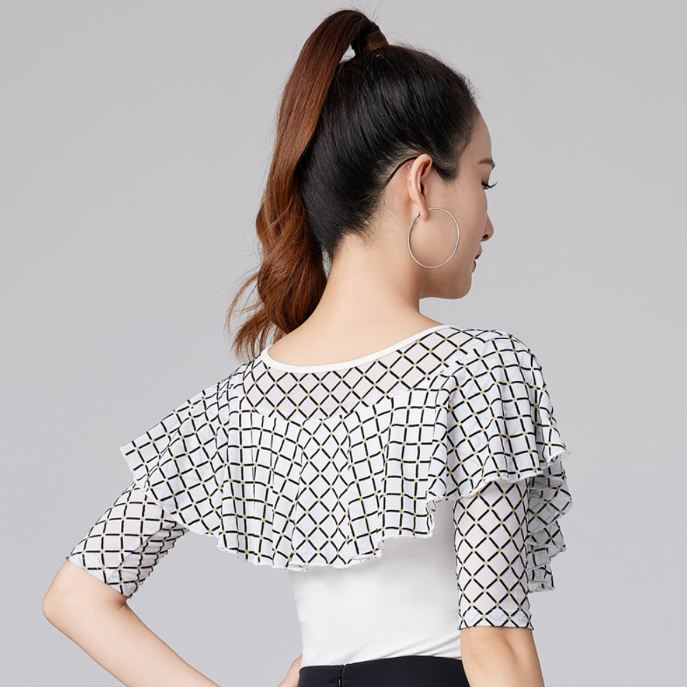 Áo Khiêu Vũ Latin Cổ Tròn Tay Lửng Phối Bèo Dễ Thương Cho Nữ